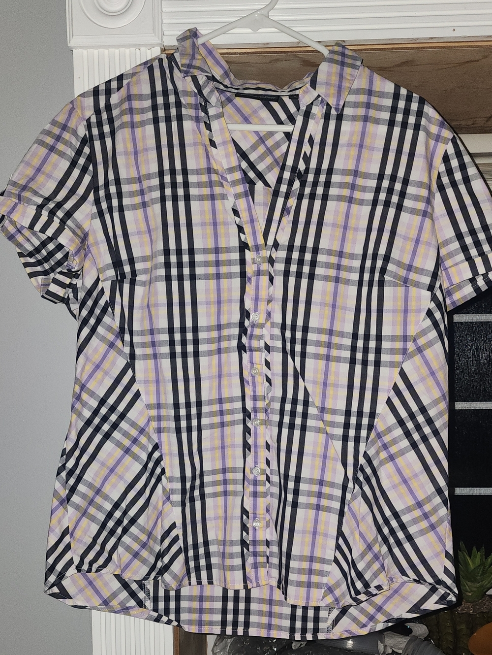 New York & Company Plaid Button-Front Shirt in Black, White, Lavender & Yellow